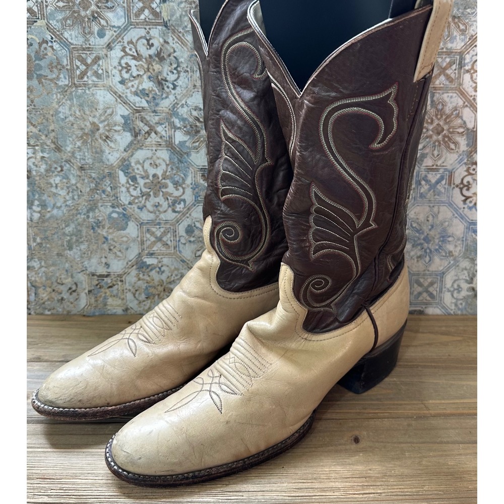 VTG Larry Mahan Western Boots Two-Tone Leather Mens 11 Narrow Brown